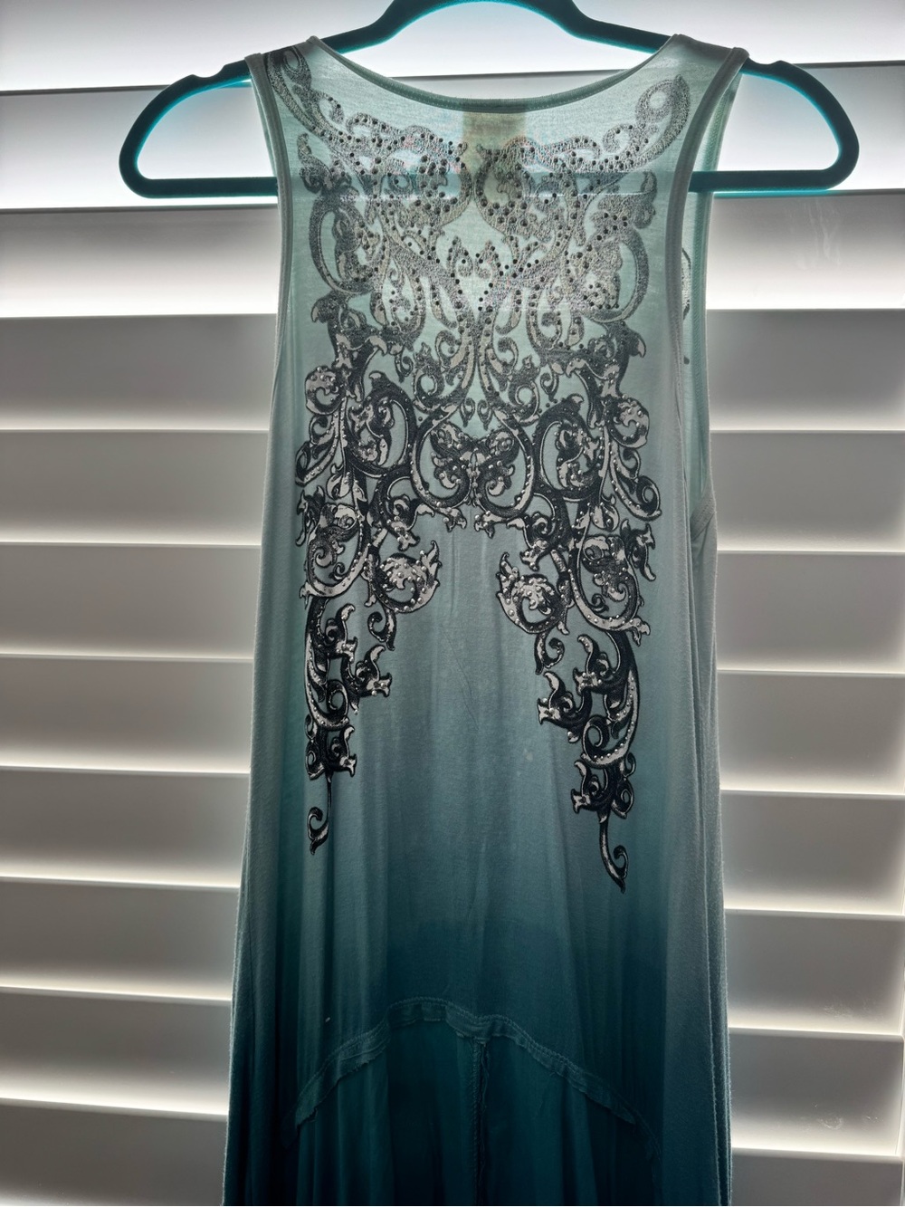 Vocal Teal Ombre Embellished Handkerchief Dress - Picture 2 of 6